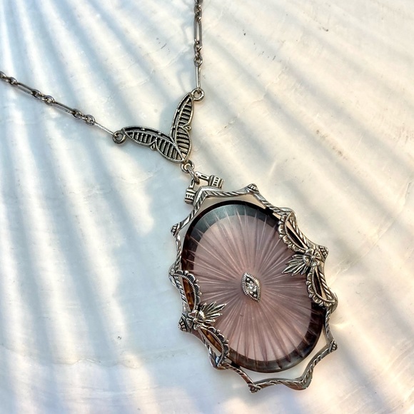 Intricate Sunray Amethyst Camphor Glass Sterling Silver and Diamond Necklace - Picture 1 of 5